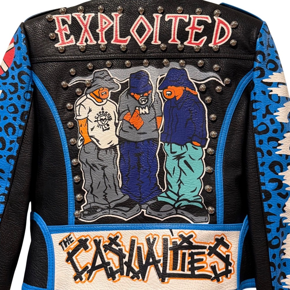 BY THE NANA Studded‎ Leather Cropped Motorcycle Jacket Blue Leopard Print Size L - Picture 6 of 7
